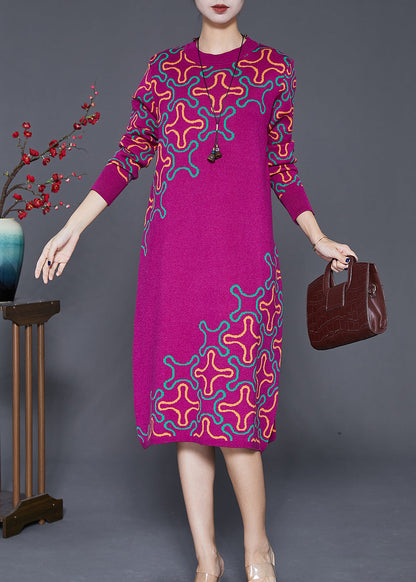 Rose Print Complimentary Scarf Knit Long Knit Dress Fall