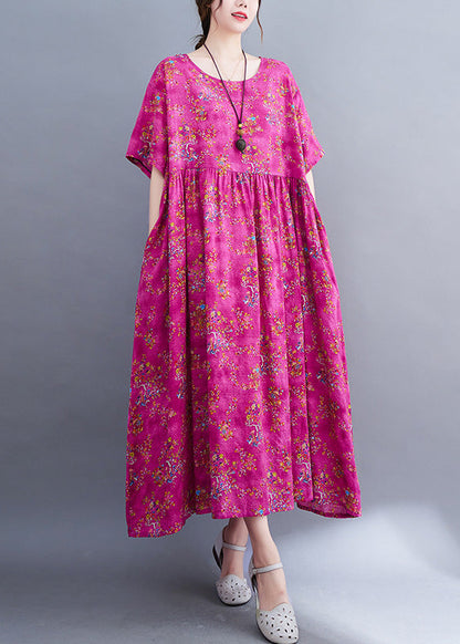 Rose Print Patchwork Cotton Cozy Long Dress Short Sleeve