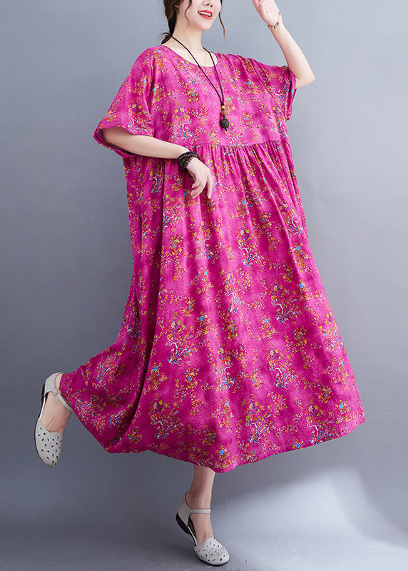 Rose Print Patchwork Cotton Cozy Long Dress Short Sleeve