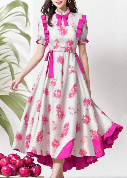 Rose Ruffled Print Patchwork Silk Dresses Summer