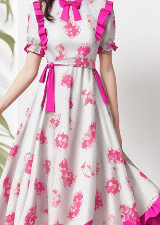 Rose Ruffled Print Patchwork Silk Dresses Summer