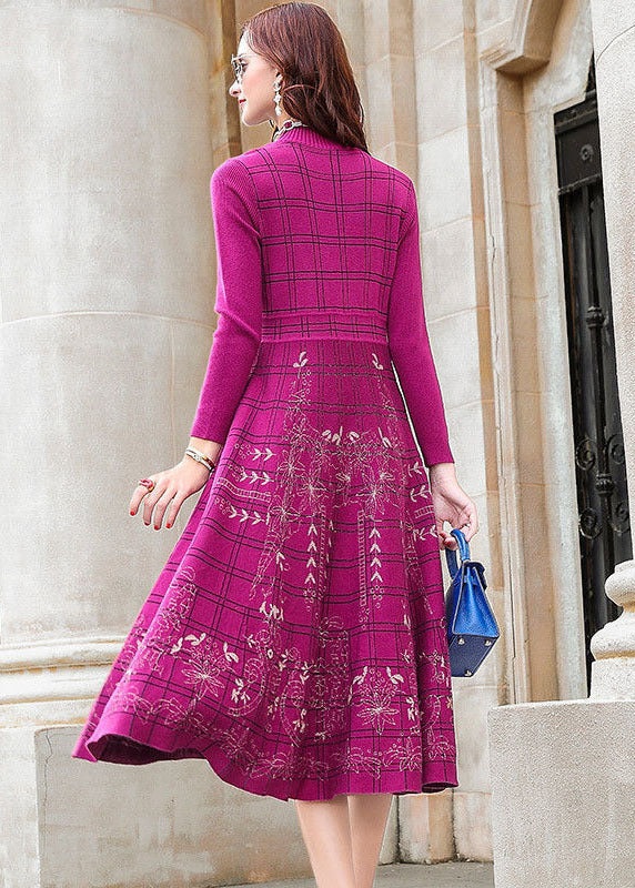 Rose Turtle Neck Plaid Knit Sweater Dress Winter