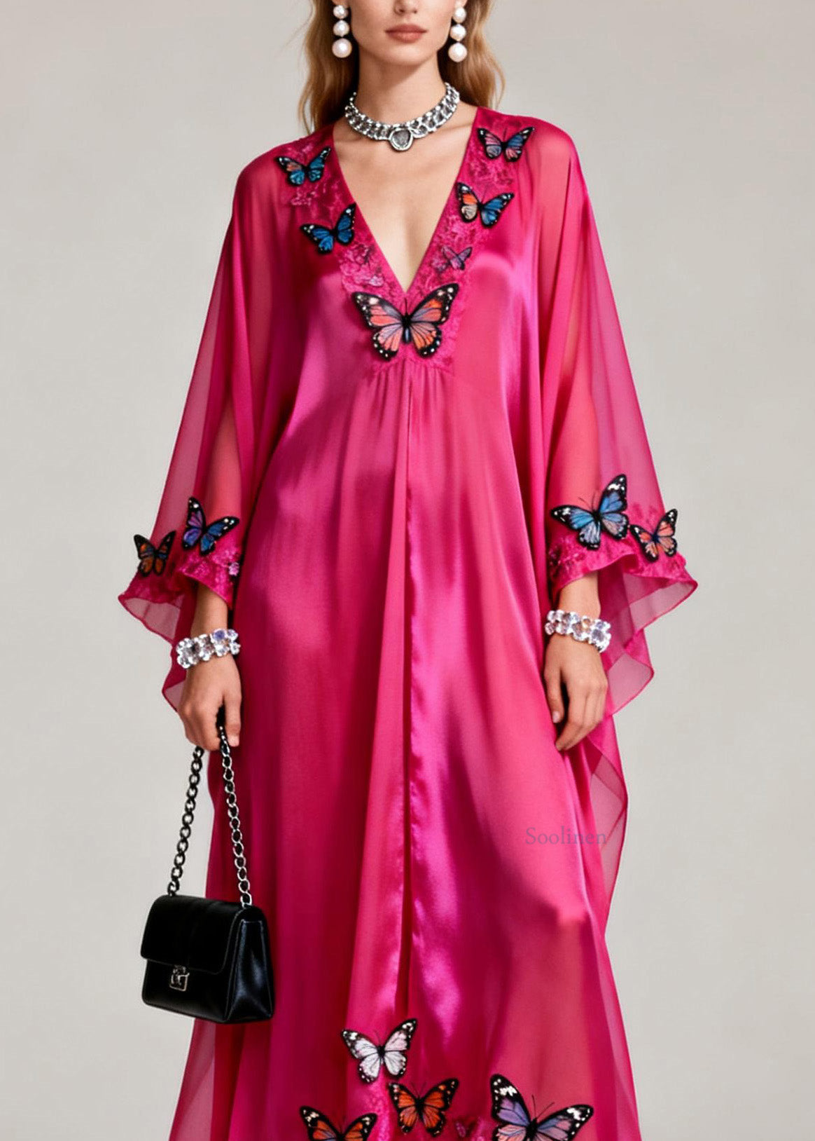 Rose V Neck Butterfly Silk Maxi Dresses Spring