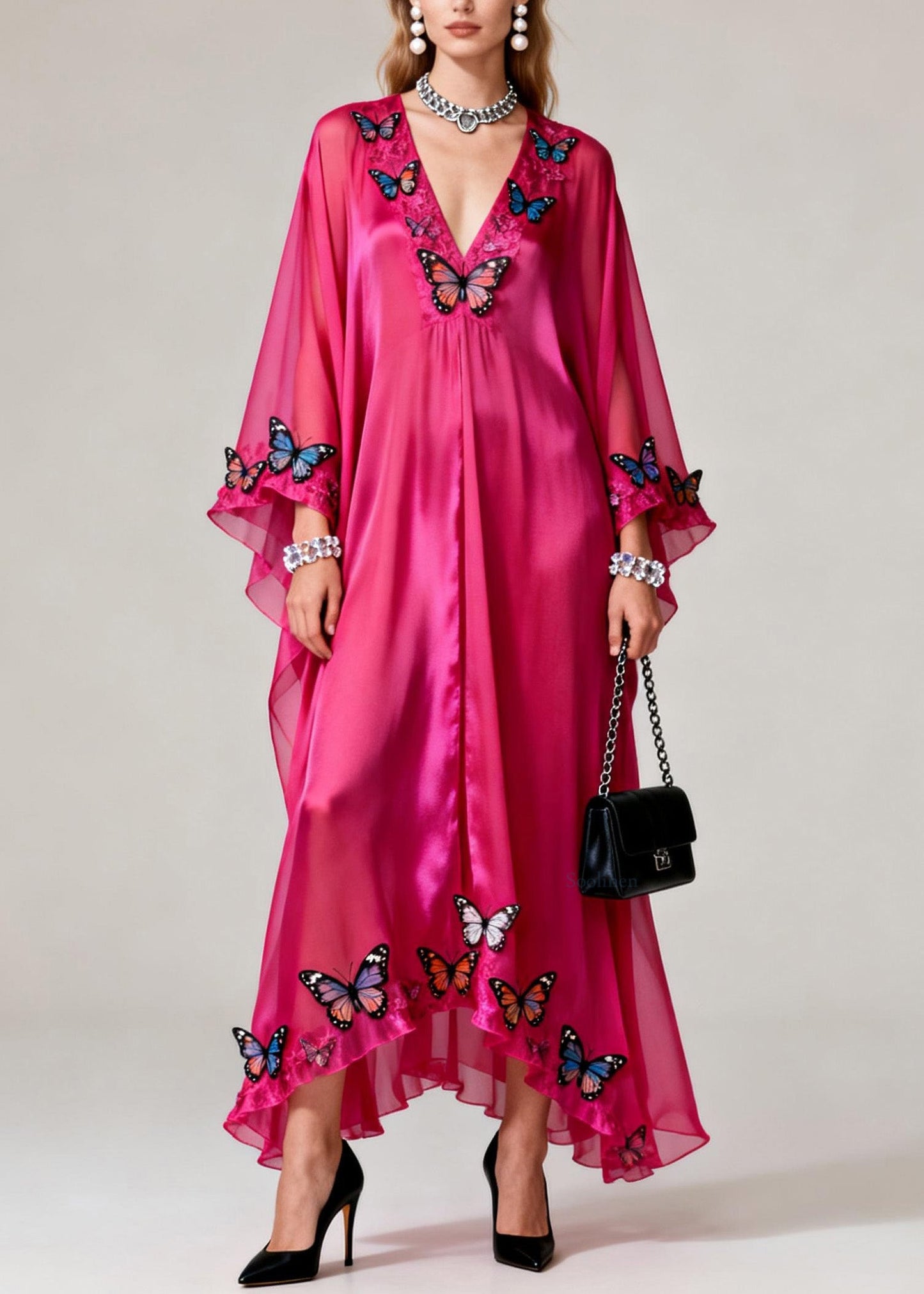 Rose V Neck Butterfly Silk Maxi Dresses Spring