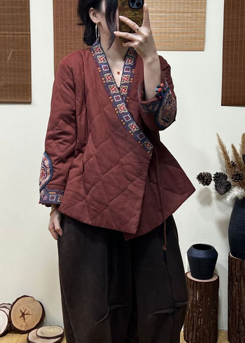 Rust Embroideried Patchwork Lace Up Fine Cotton Filled Coats Winter
