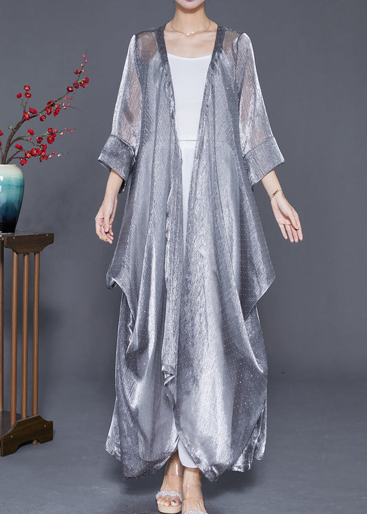 Silver Oversized Wrinkled Silk Long Cardigan Summer
