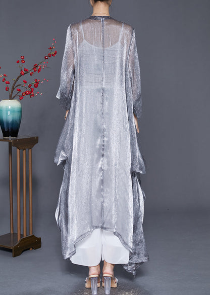 Silver Oversized Wrinkled Silk Long Cardigan Summer