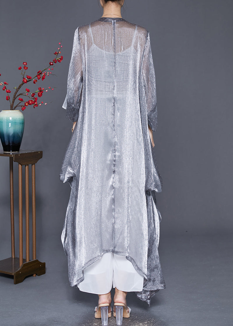 Silver Oversized Wrinkled Silk Long Cardigan Summer