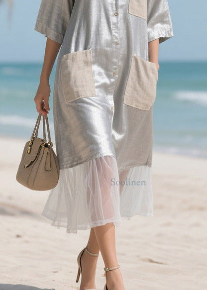 Silvery Oversized Tulle Patchwork Pockets Cotton Vacation Dress Summer
