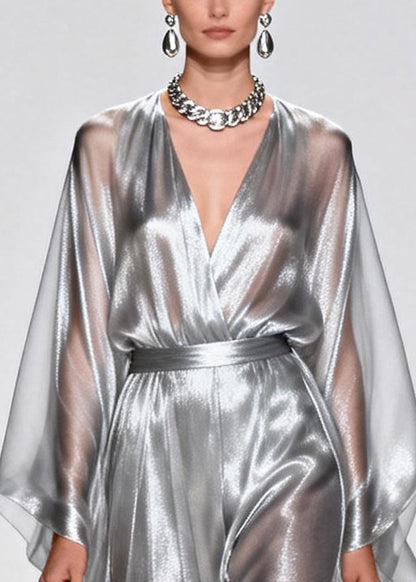 Silvery Tunic Draping Chiffon Long Dress Summer