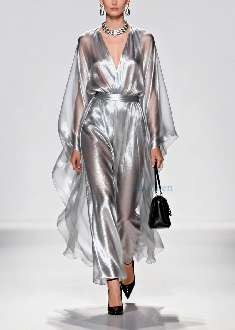 Silvery Tunic Draping Chiffon Long Dress Summer