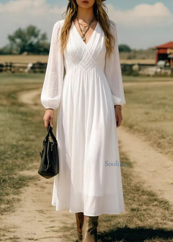 Simple White V Neck Chiffon Long Dress Spring