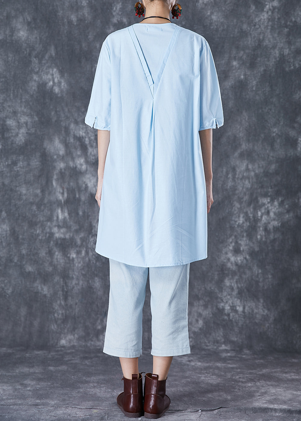 Sky Blue Embroideried Linen Mid Dress Summer