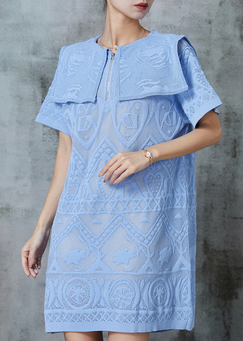 Sky Blue Sailor Collar Embroidered Lace Dress Summer