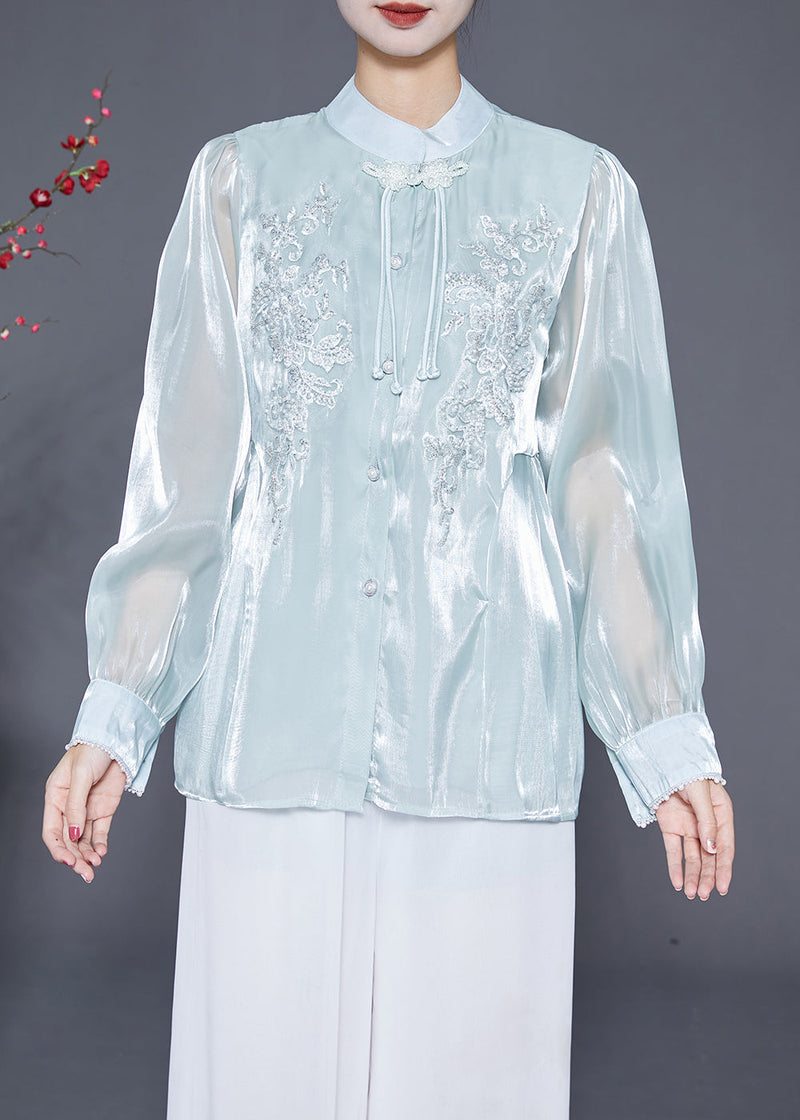 Sky Blue Tasseled Embroideried Silk Blouses Fall