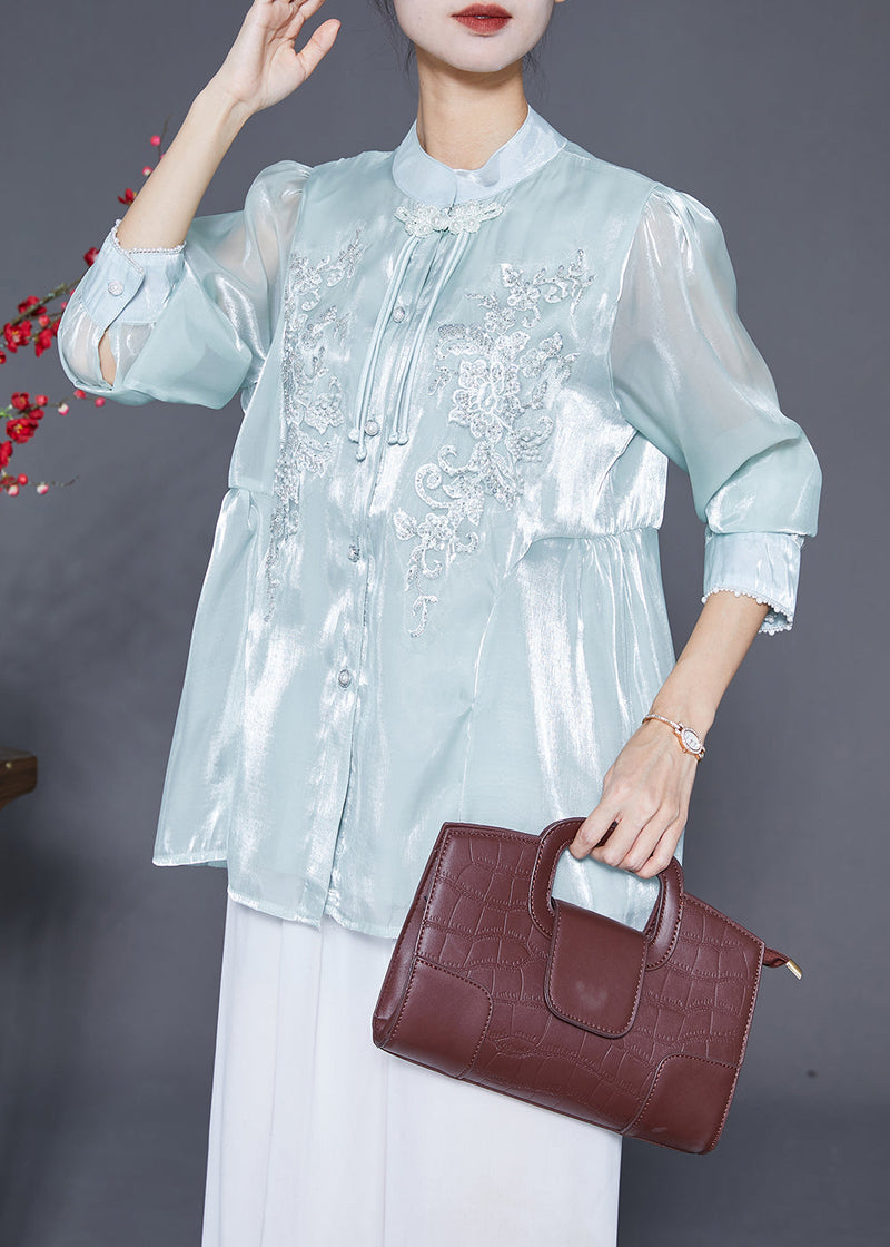 Sky Blue Tasseled Embroideried Silk Blouses Fall