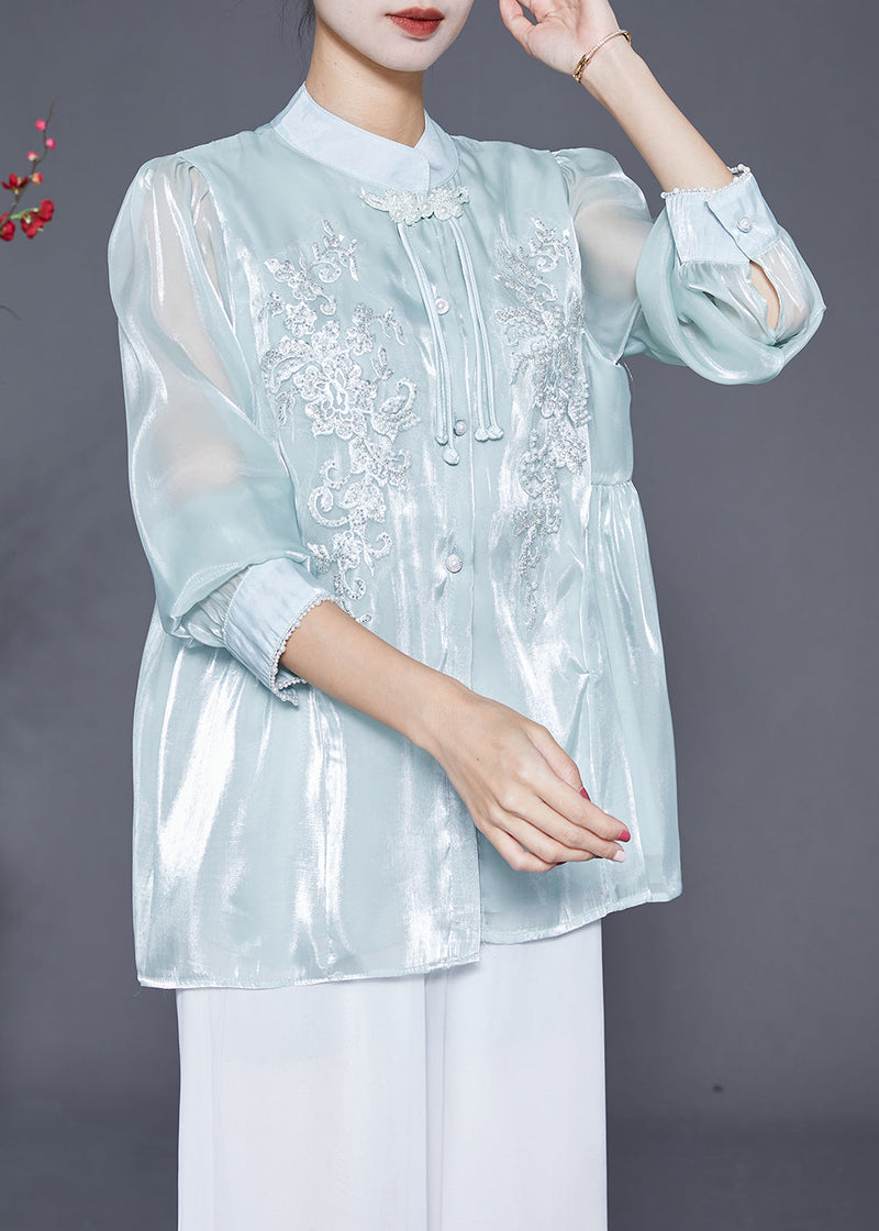 Sky Blue Tasseled Embroideried Silk Blouses Fall
