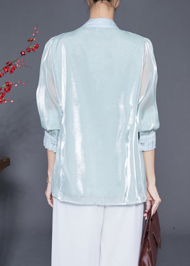 Sky Blue Tasseled Embroideried Silk Blouses Fall