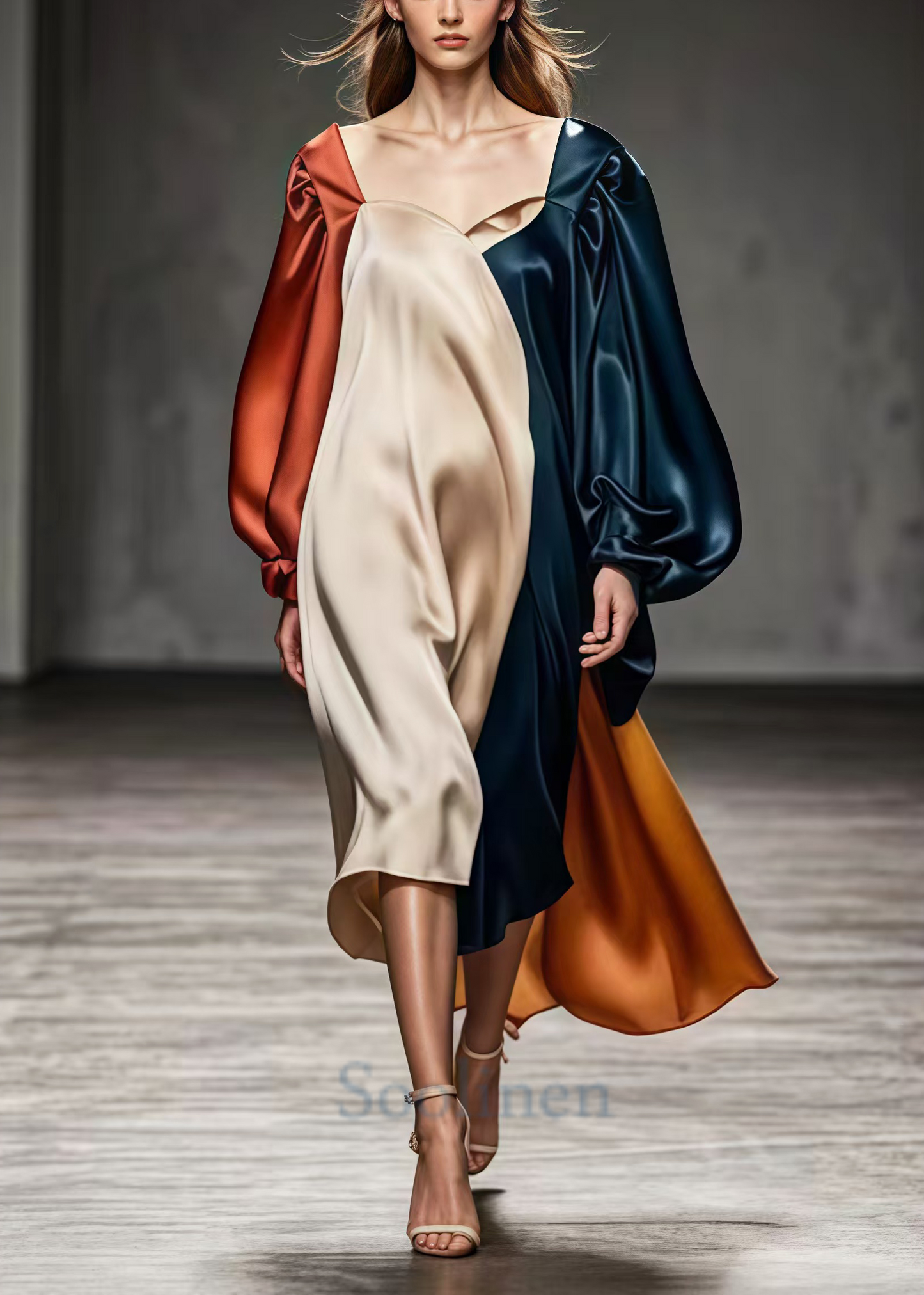 Square Collar Asymmetrical Patchwork Silk Dresses Lantern Sleeve