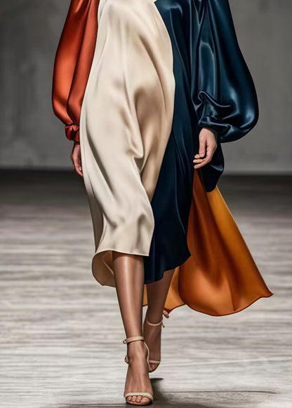 Square Collar Asymmetrical Patchwork Silk Dresses Lantern Sleeve