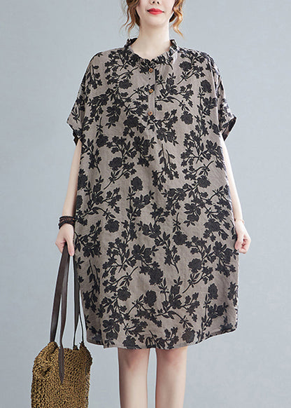 Stand Collar Button Print Linen Dress Short Sleeve
