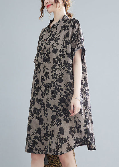 Stand Collar Button Print Linen Dress Short Sleeve