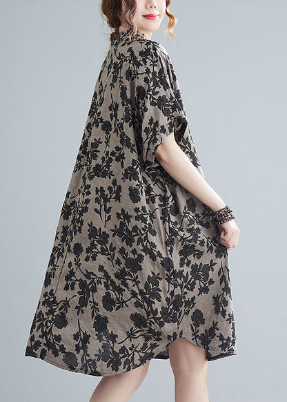 Stand Collar Button Print Linen Dress Short Sleeve