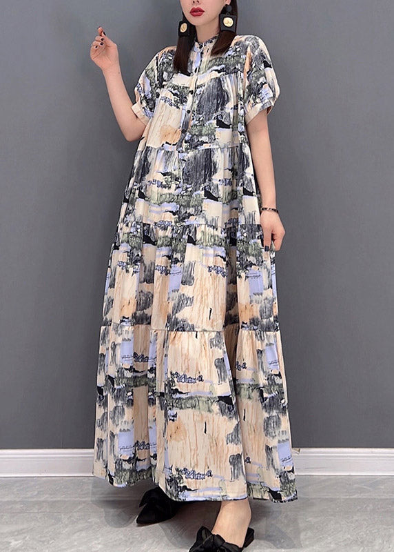 Stand Collar Button Print Patchwork Wrinkled Chiffon Long Dress Short Sleeve