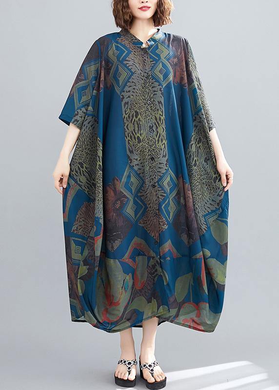 Stand Collar Summer Tunics Blue Abstract Pattern Long Dress