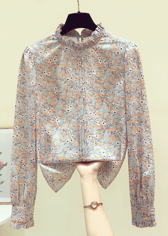 Stand Collarc Ruffled Print Chiffon Shirts Spring