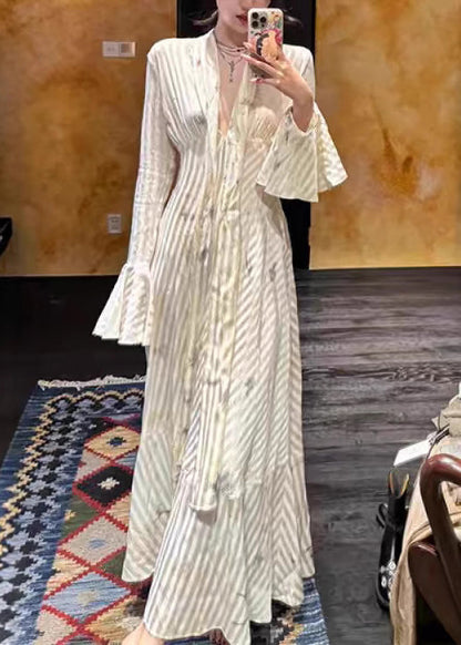 Striped Bow High Waist Long Dress Flare Sleeve