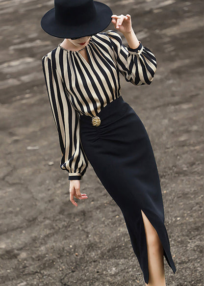 Striped Side Open Patchwork Cotton Long Dress Fall