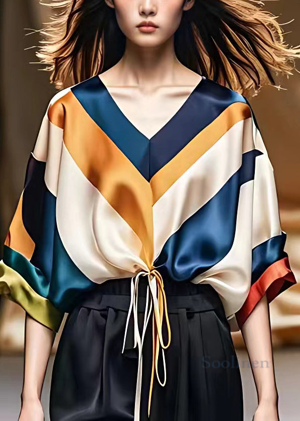 Striped V Neck Drawstring Silk Top Half Sleeve