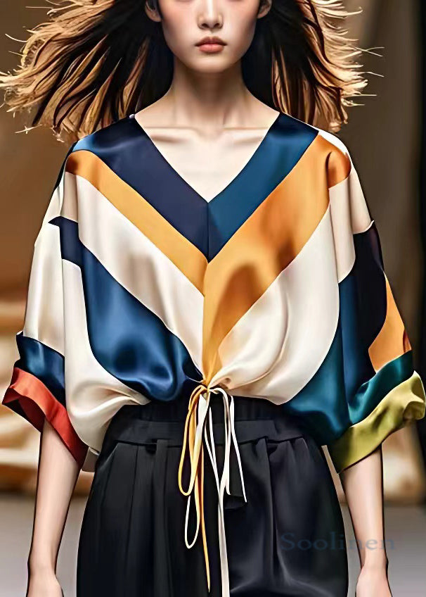 Striped V Neck Drawstring Silk Top Half Sleeve
