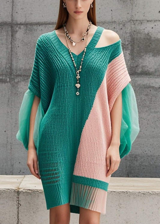 Tea Green Cold Shoulder Patchwork Tulle Long Sweater Fall