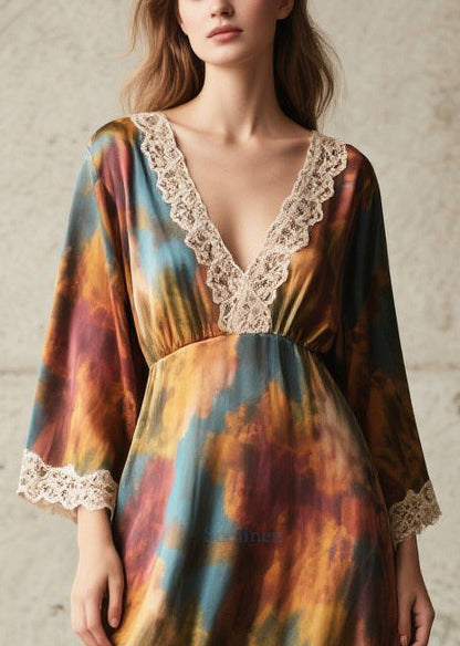 Tie Dye Lace Patchwork Chiffon Robe Dresses Fall
