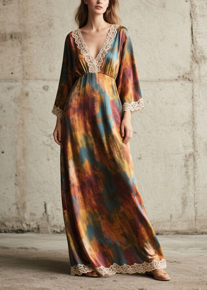 Tie Dye Lace Patchwork Chiffon Robe Dresses Fall