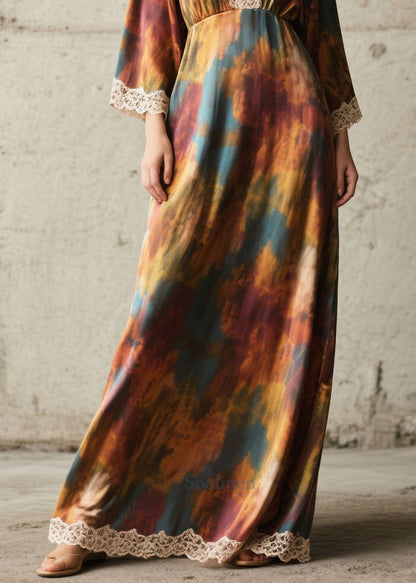 Tie Dye Lace Patchwork Chiffon Robe Dresses Fall
