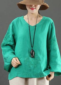 Elegant V Neck Embroidery Spring Tops Women Neckline Green Shirt