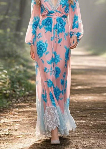 V Neck Lace Print Patchwork Chiffon Dress Spring