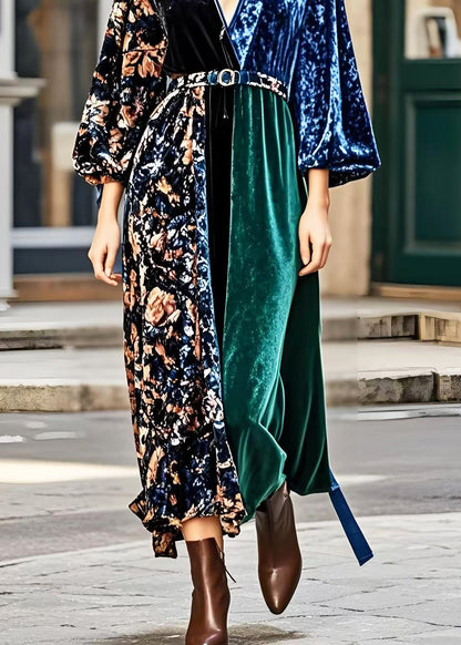 V Neck Patchwork Print Silk Velvet Dress Spring