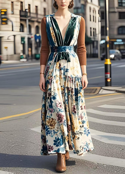 V Neck Patchwork Print Silk Velvet Long Dress Spring