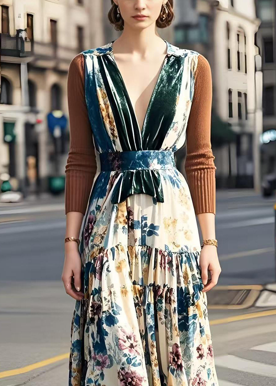 V Neck Patchwork Print Silk Velvet Long Dress Spring