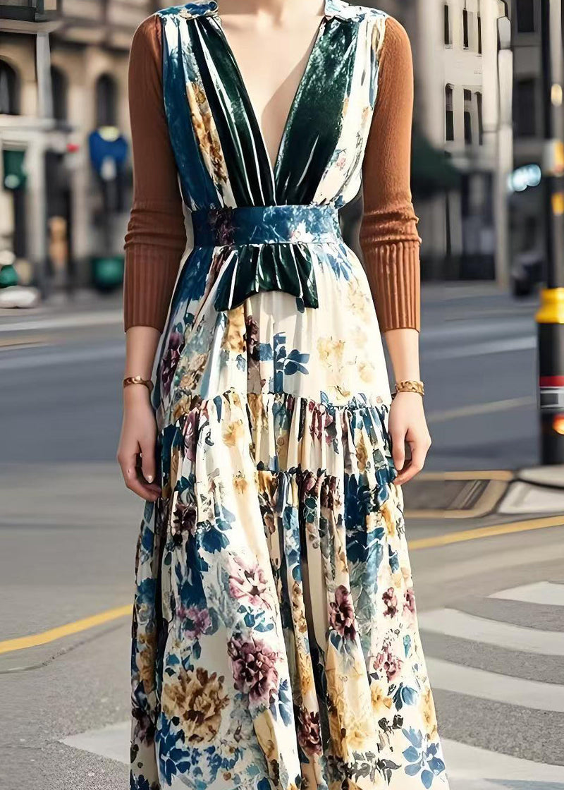 V Neck Patchwork Print Silk Velvet Long Dress Spring