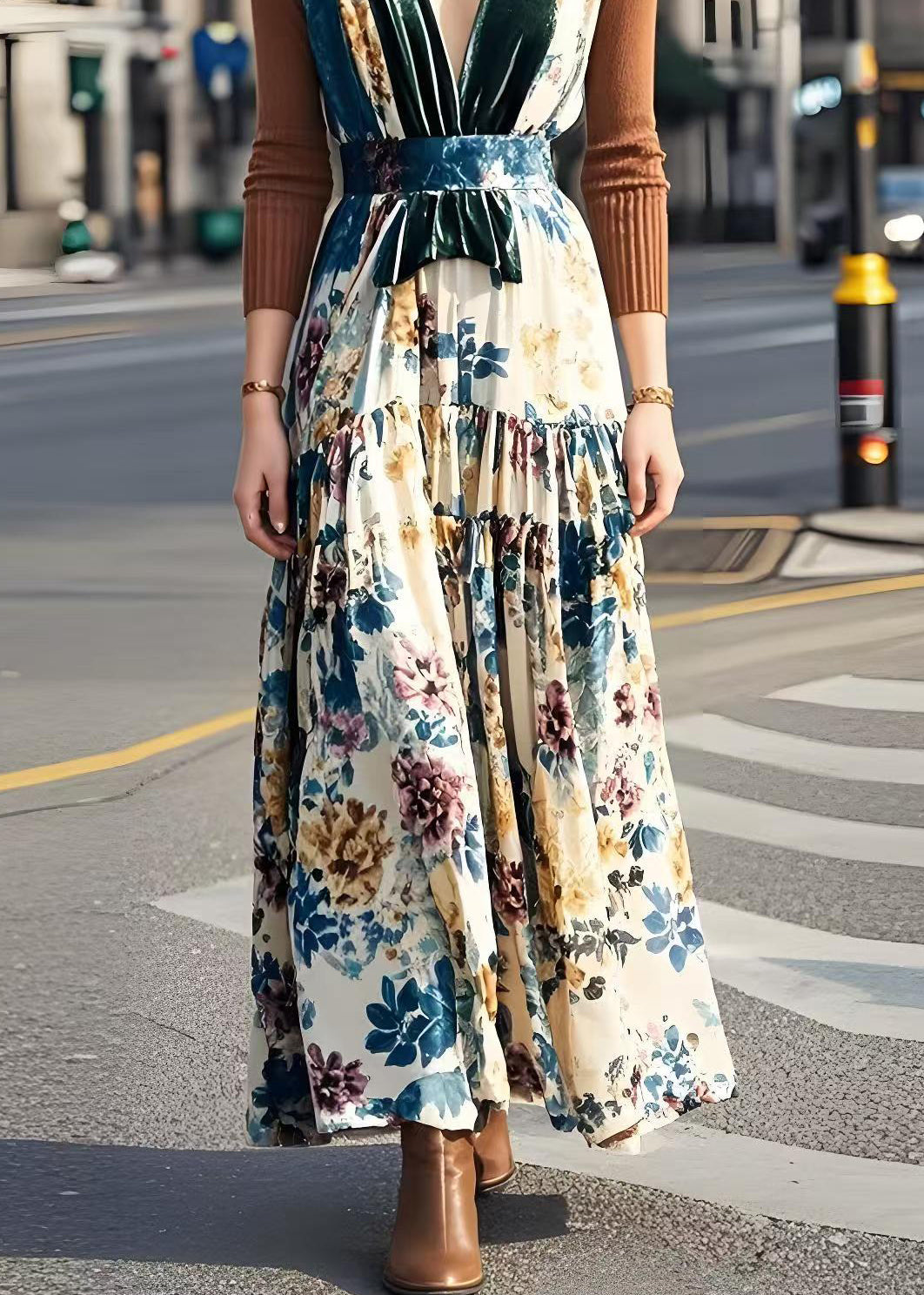 V Neck Patchwork Print Silk Velvet Long Dress Spring