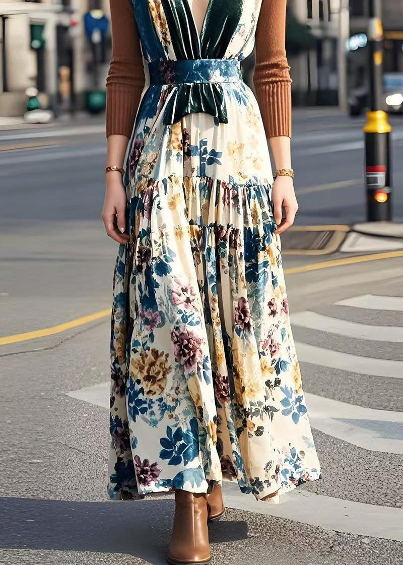 V Neck Patchwork Print Silk Velvet Long Dress Spring