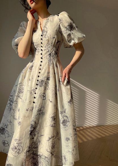 V Neck Print Button Chiffon Maxi Dress Short Sleeve