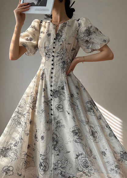 V Neck Print Button Chiffon Maxi Dress Short Sleeve