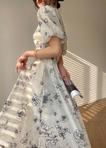 V Neck Print Button Chiffon Maxi Dress Short Sleeve