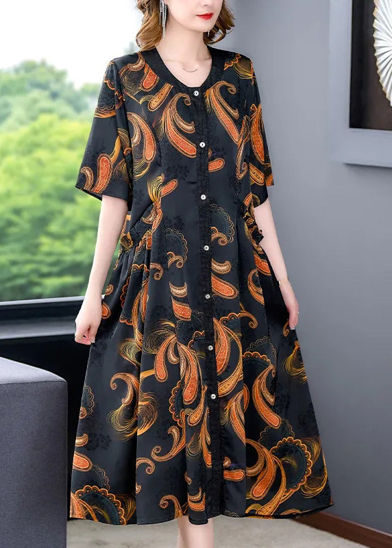 V Neck Print Button Silk Maxi Shirts Dresses Summer